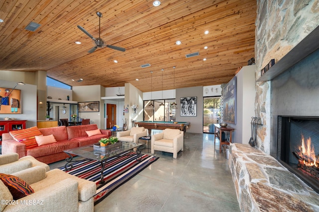 living room featuring ceiling fan, a stone fireplace, high vaulted ceiling, wooden ceiling, and billiards