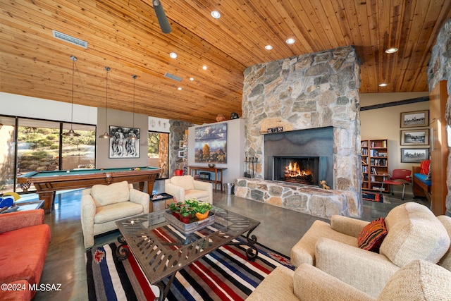 living room featuring high vaulted ceiling, pool table, wooden ceiling, and a fireplace