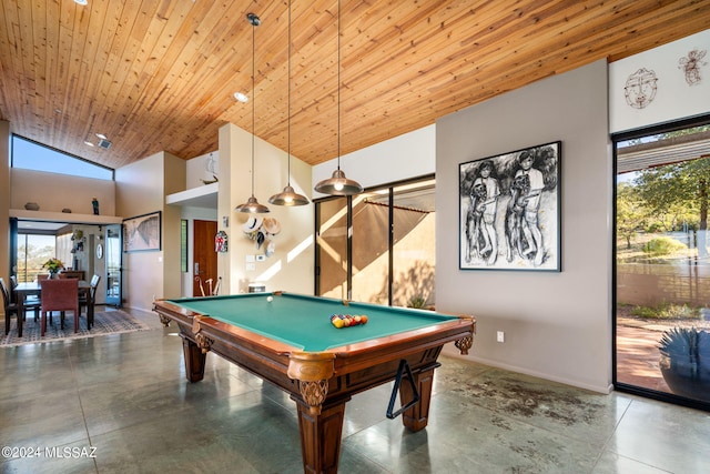 recreation room featuring high vaulted ceiling, concrete flooring, wooden ceiling, and billiards