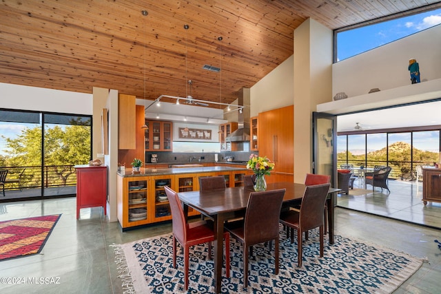 dining area featuring wood ceiling, sink, and high vaulted ceiling