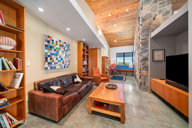 living room with lofted ceiling and wooden ceiling