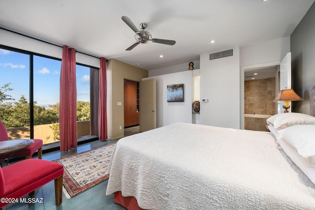 bedroom with ceiling fan and ensuite bathroom