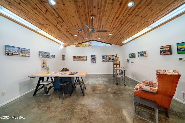 dining room with ceiling fan, ornamental molding, wood ceiling, and vaulted ceiling