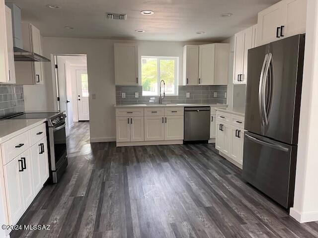 kitchen featuring white cabinets, appliances with stainless steel finishes, dark hardwood / wood-style floors, and sink