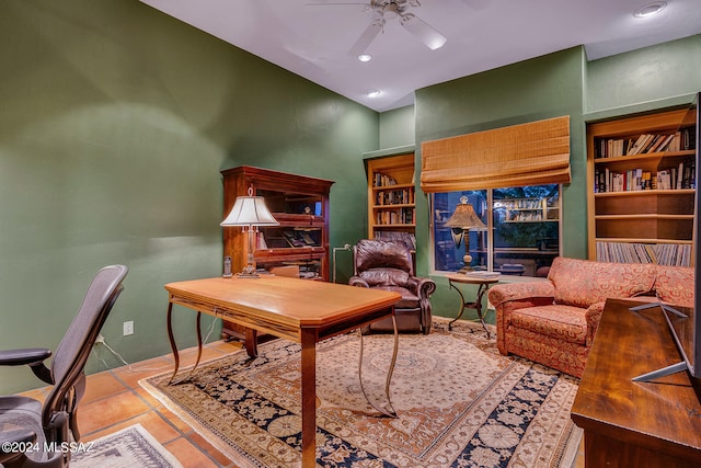 office featuring ceiling fan, built in features, and tile patterned floors