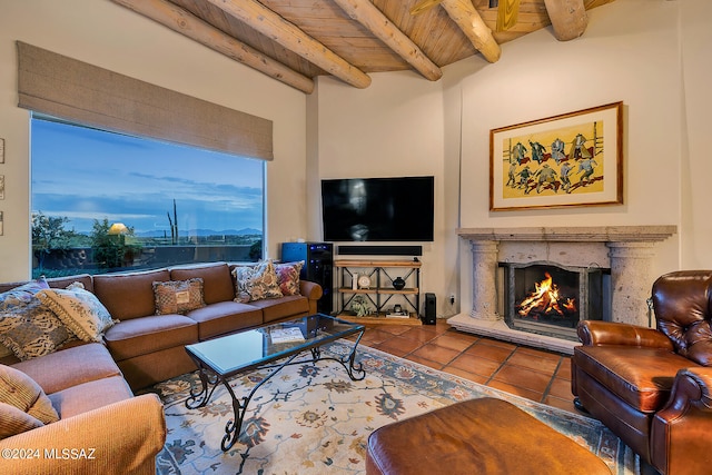 tiled living room with beamed ceiling, a premium fireplace, and wooden ceiling