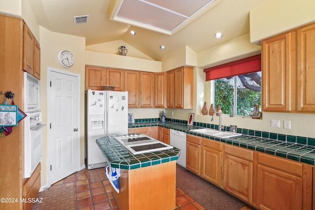 875 S Deer Meadow Loop, Tucson, AZ 85745 - kitchen with white appliances, tile counters, a sink, lofted ceiling, and a kitchen island