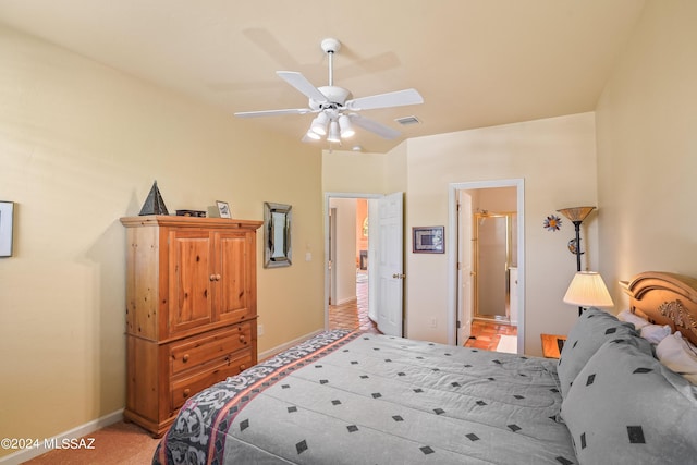 875 S Deer Meadow Loop, Tucson, AZ 85745 - bedroom featuring baseboards, ceiling fan, ensuite bath, and light colored carpet