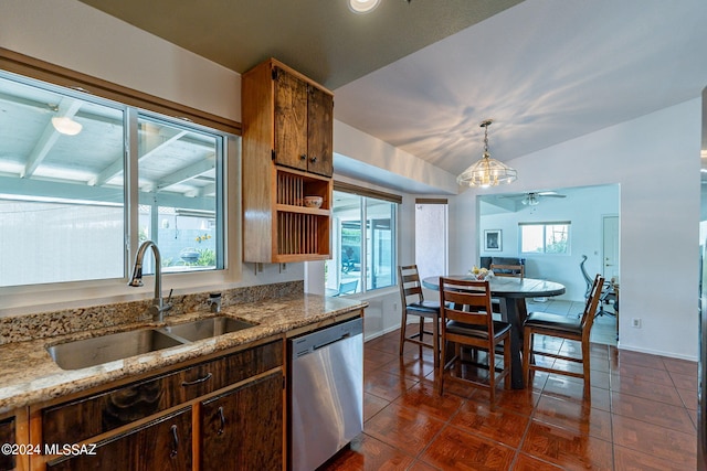 living area with ceiling fan, high vaulted ceiling, visible vents, and baseboards