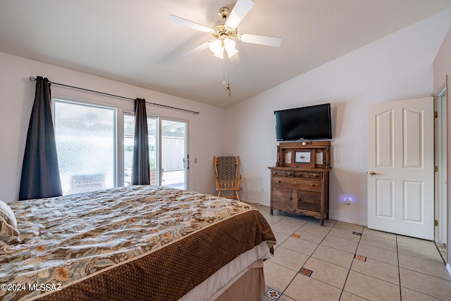 bedroom with a ceiling fan, access to outside, lofted ceiling, and light tile patterned floors