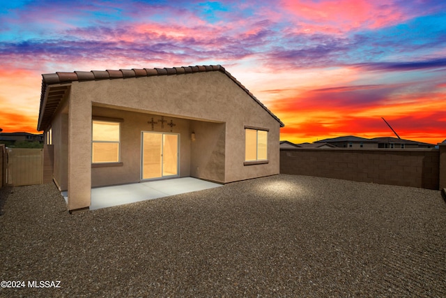 rear view of house with a fenced backyard, a tile roof, stucco siding, and a patio