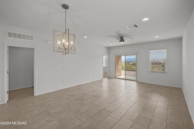 unfurnished room with recessed lighting, visible vents, baseboards, and ceiling fan with notable chandelier