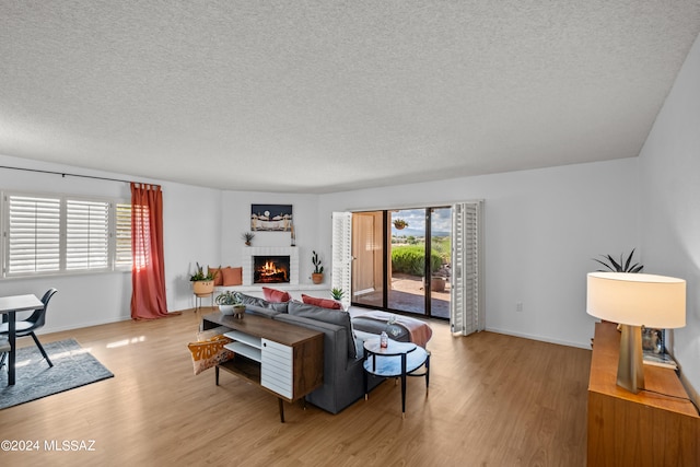 living room with a textured ceiling, light hardwood / wood-style floors, and a fireplace