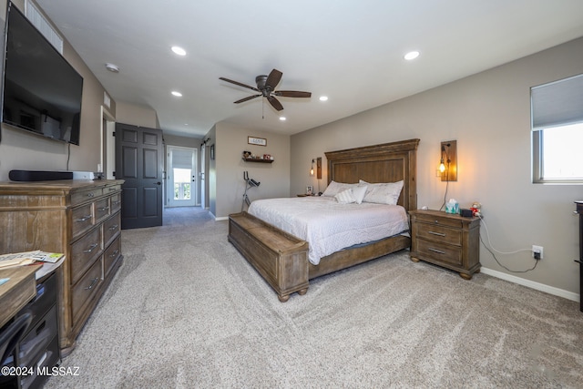 bedroom with a ceiling fan, recessed lighting, light carpet, and baseboards