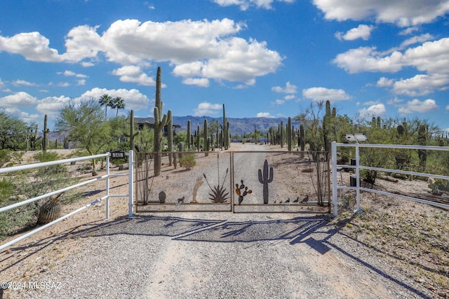 view of gate with a rural view, fence, and a mountain view