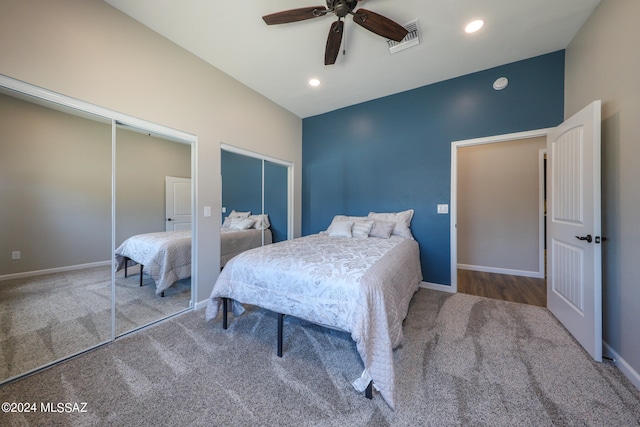 bedroom featuring ceiling fan, visible vents, baseboards, and recessed lighting