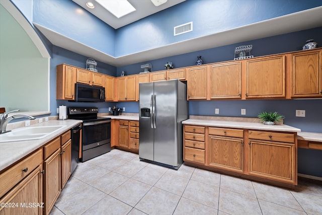 kitchen featuring light countertops, a sink, a skylight, visible vents, and black appliances