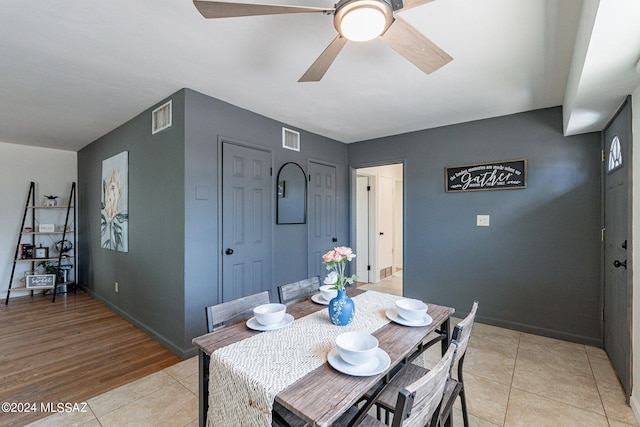 dining area featuring light wood-type flooring and ceiling fan