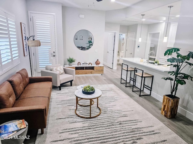 living room featuring light hardwood / wood-style floors and ceiling fan