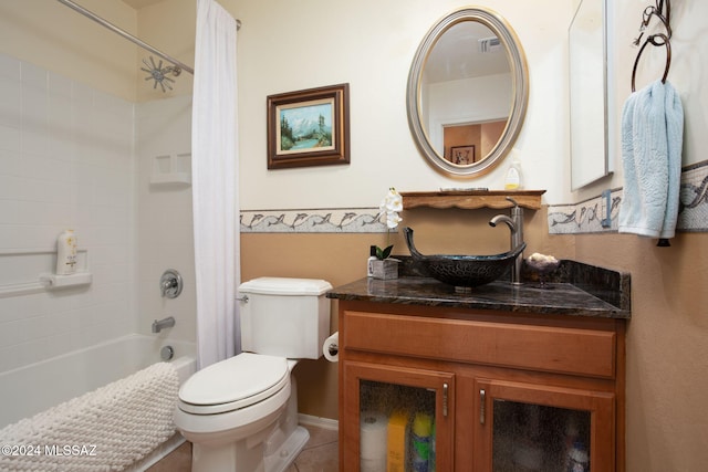 full bathroom with vanity, tile patterned floors, toilet, and shower / bathtub combination with curtain