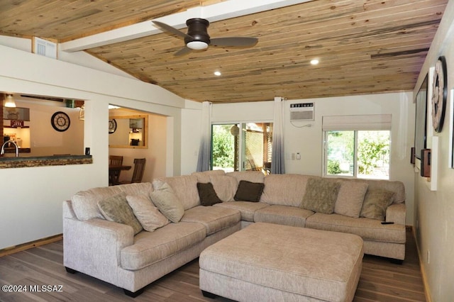 living room featuring lofted ceiling with beams, a healthy amount of sunlight, dark wood-type flooring, and wooden ceiling