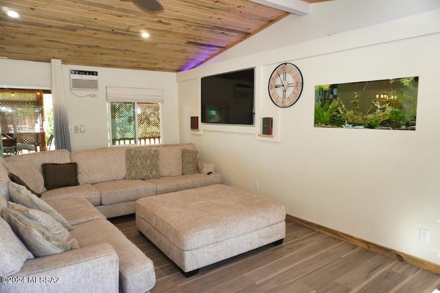 living room with an AC wall unit, lofted ceiling with beams, hardwood / wood-style flooring, ceiling fan, and wood ceiling