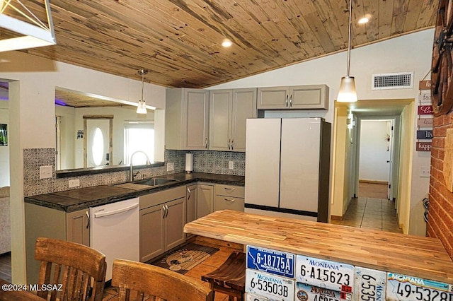 kitchen with sink, wood ceiling, decorative light fixtures, gray cabinets, and white appliances