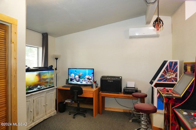 office with vaulted ceiling, a wall unit AC, and carpet