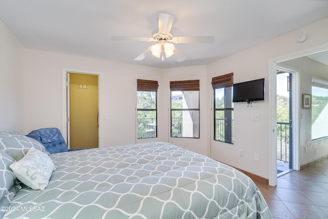 bedroom featuring access to outside and ceiling fan