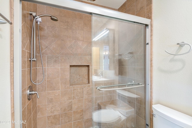 bathroom with toilet and a shower with door