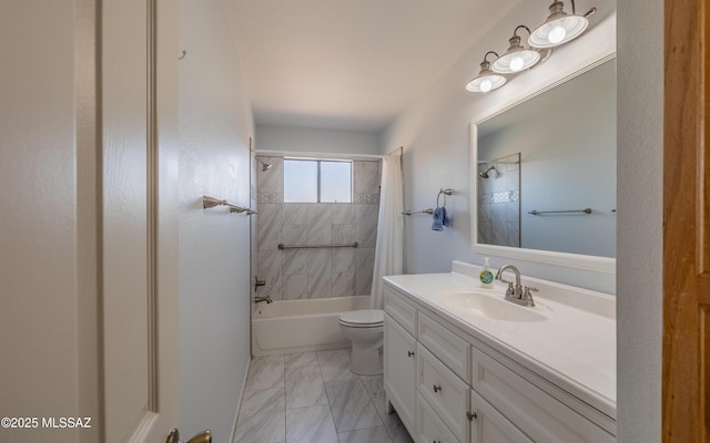 full bath with toilet, marble finish floor, shower / bath combo, and vanity