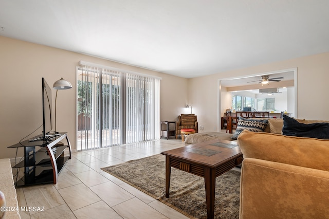 living room featuring ceiling fan