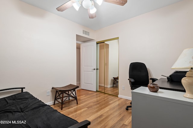 office area featuring ceiling fan and light hardwood / wood-style flooring