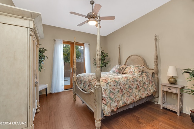 bedroom featuring ceiling fan, access to exterior, and wood-type flooring