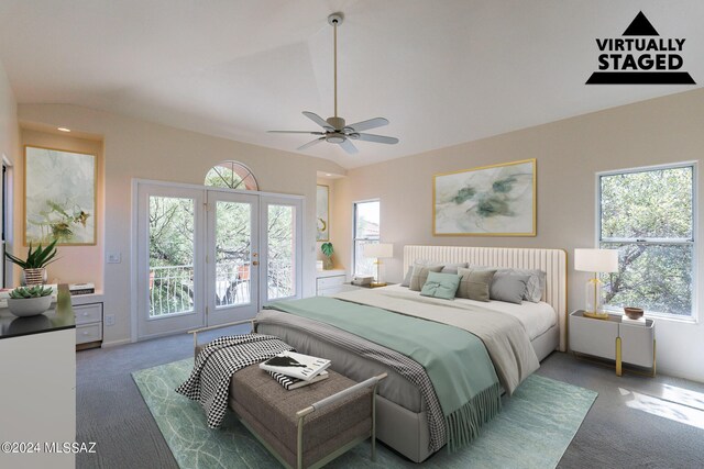 bedroom with access to exterior, lofted ceiling, dark colored carpet, ceiling fan, and french doors