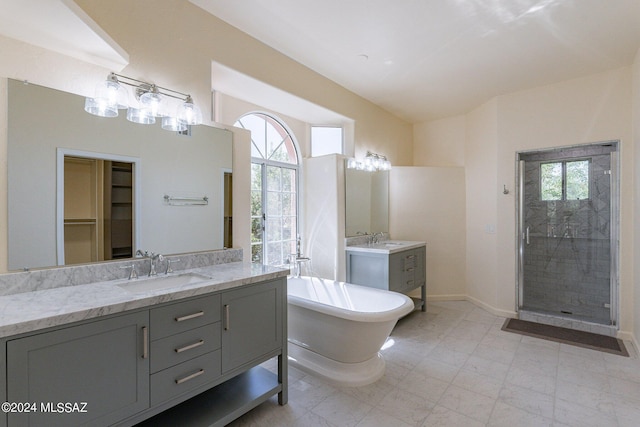 full bathroom featuring a freestanding bath, a sink, a stall shower, and a healthy amount of sunlight