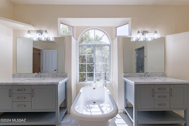 bathroom featuring independent shower and bath and vanity