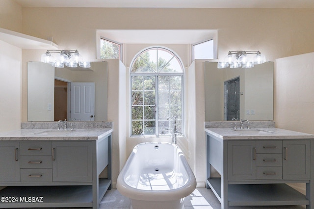 bathroom featuring a freestanding bath, a sink, and two vanities