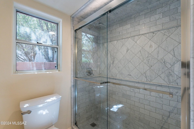 bathroom featuring a stall shower and toilet