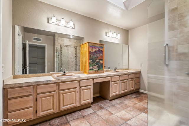 bathroom featuring vanity and a shower with shower door