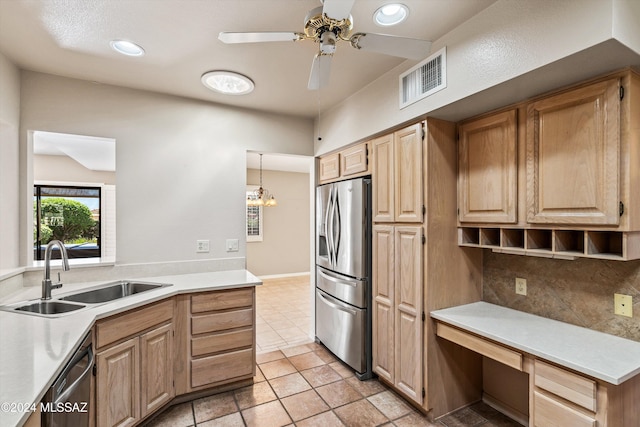 kitchen featuring appliances with stainless steel finishes, pendant lighting, tasteful backsplash, sink, and ceiling fan