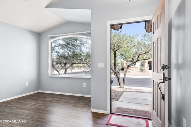 entryway with lofted ceiling and dark hardwood / wood-style floors