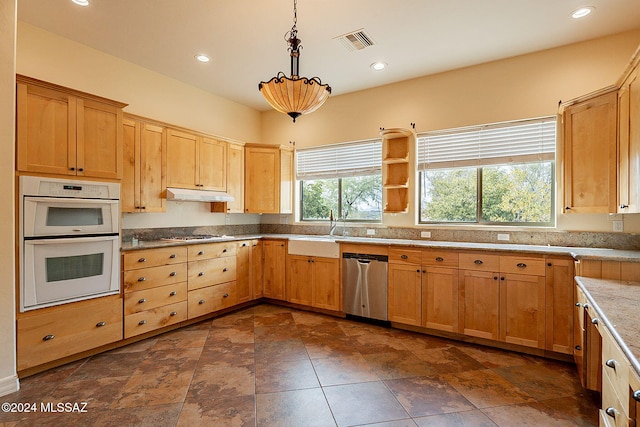 kitchen with sink, decorative light fixtures, and appliances with stainless steel finishes