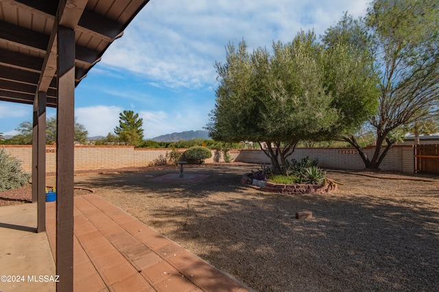 view of yard with a mountain view and a patio area