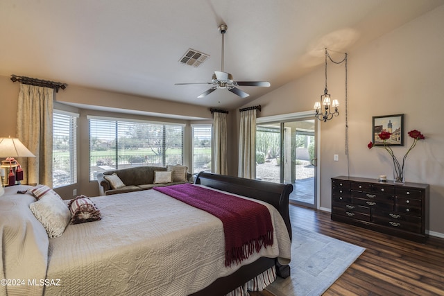 bedroom featuring access to outside, vaulted ceiling, dark wood-type flooring, and ceiling fan with notable chandelier