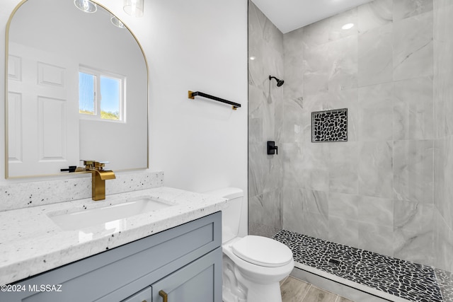 bathroom featuring a tile shower, vanity, hardwood / wood-style flooring, and toilet