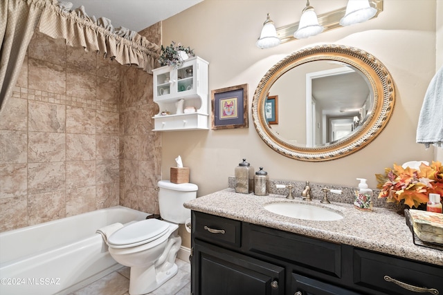 full bathroom with vanity, tiled shower / bath combo, toilet, and tile patterned flooring