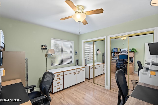 home office with ceiling fan and light hardwood / wood-style floors