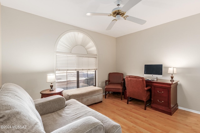 office area featuring light wood-type flooring and ceiling fan