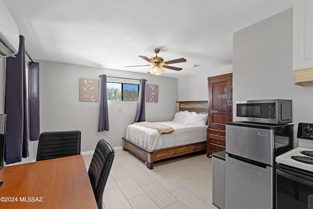 bedroom with freestanding refrigerator and ceiling fan